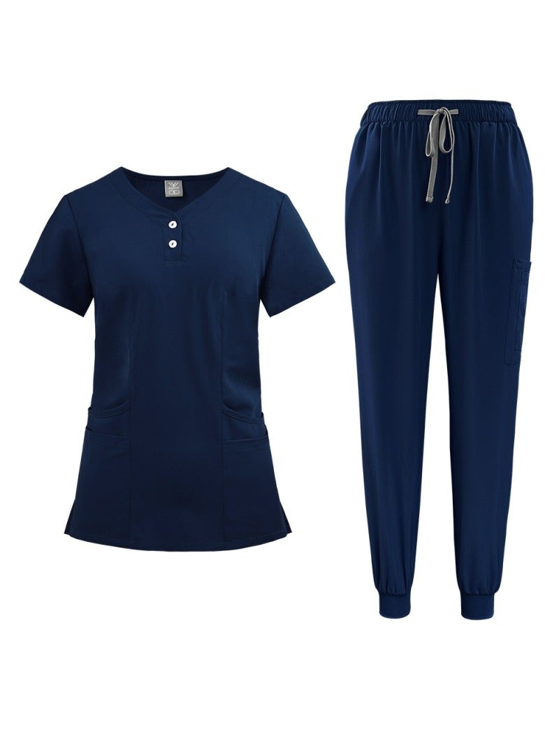 Loquat Solid Color Medical Uniform Scrubs 2 Piece Set V-Neck Top and Jogger Pants Suit Navy Blue  - Image 2
