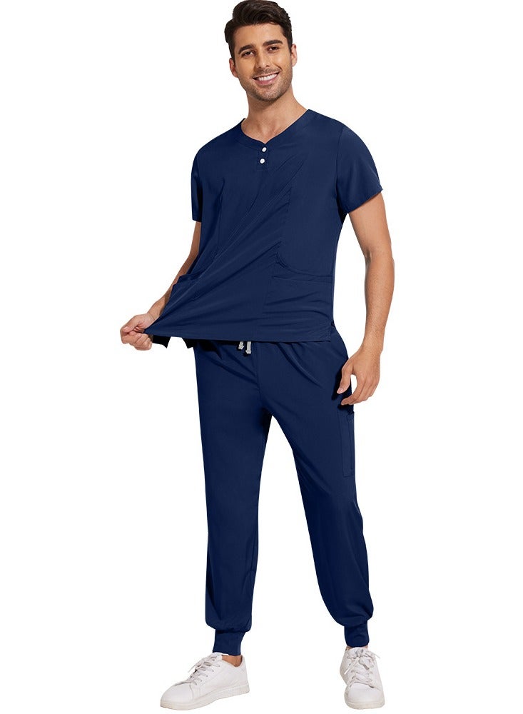 Loquat Solid Color Medical Uniform Scrubs 2 Piece Set V-Neck Top and Jogger Pants Suit Navy Blue  - Image 3