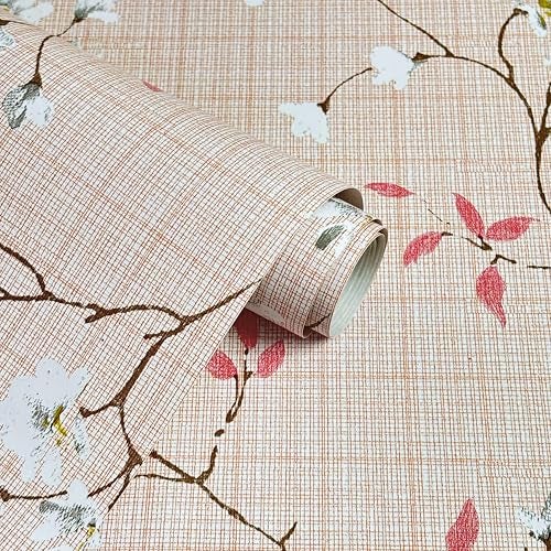 ROSASTELLA Self Adhesive Decorative Peel Stick Waterproof Floral Wallpaper Wall Decor Removable Wall Paper for Living Room Hall Decoration PVC Vinyl DIY Contact Paper45x304cm (Beige Cherry) - Image 2