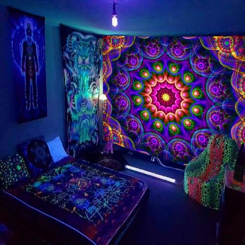 Psyhilar Blacklight Trippy Mandala Tapestry, Boho Black Light Posters for Adults UV Reactive Room Decor for Bedroom Wall (60 x 50 Inches) - Image 3