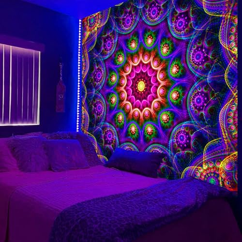 Psyhilar Blacklight Trippy Mandala Tapestry, Boho Black Light Posters for Adults UV Reactive Room Decor for Bedroom Wall (60 x 50 Inches) - Image 1