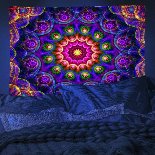 Psyhilar Blacklight Trippy Mandala Tapestry, Boho Black Light Posters for Adults UV Reactive Room Decor for Bedroom Wall (60 x 50 Inches) - Image 5