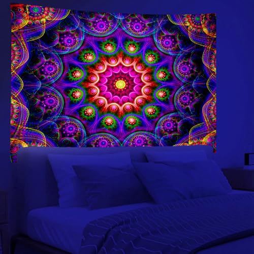 Psyhilar Blacklight Trippy Mandala Tapestry, Boho Black Light Posters for Adults UV Reactive Room Decor for Bedroom Wall (60 x 50 Inches) - Image 4