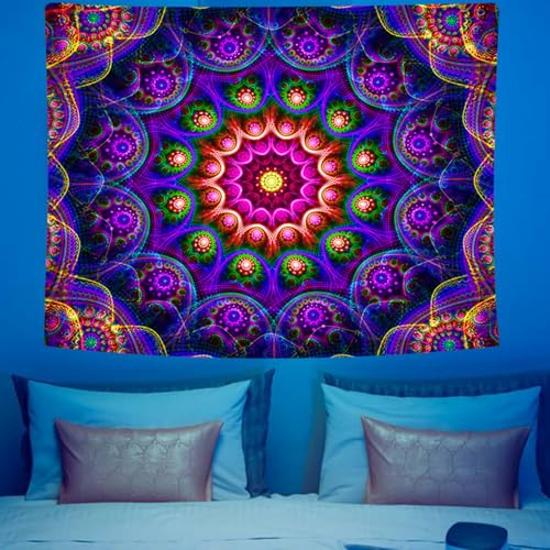 Psyhilar Blacklight Trippy Mandala Tapestry, Boho Black Light Posters for Adults UV Reactive Room Decor for Bedroom Wall (60 x 50 Inches) - Image 2