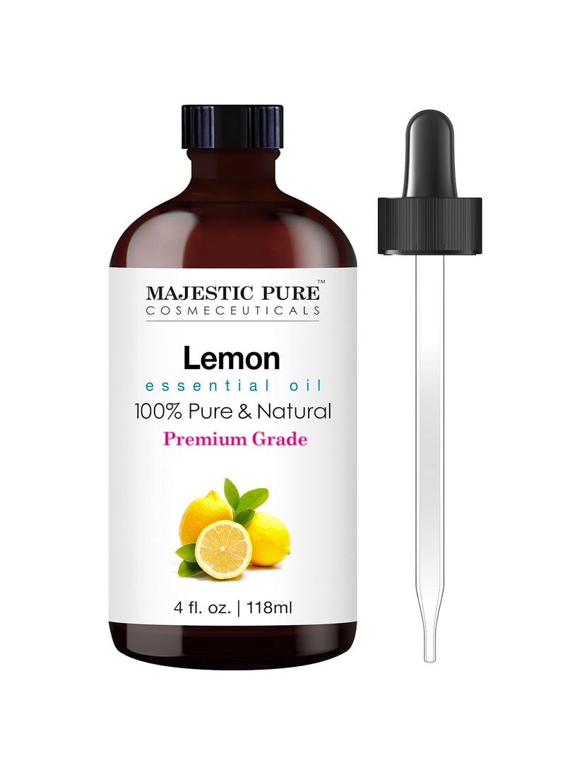 Majestic Pure Majestic Pure Lemon Essential Oil with Glass Dropper | 100% Pure and Natural Lemon Oil | Premium Grade Essential Oils for Diffusers, Skin, Aromatherapy, Massage | 4 Fl Oz 