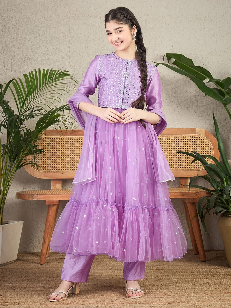 Cherry & Jerry Cherry & Jerry Woven 3/4th Sleeves Embroidered Flared Kurta Sets-Lavender