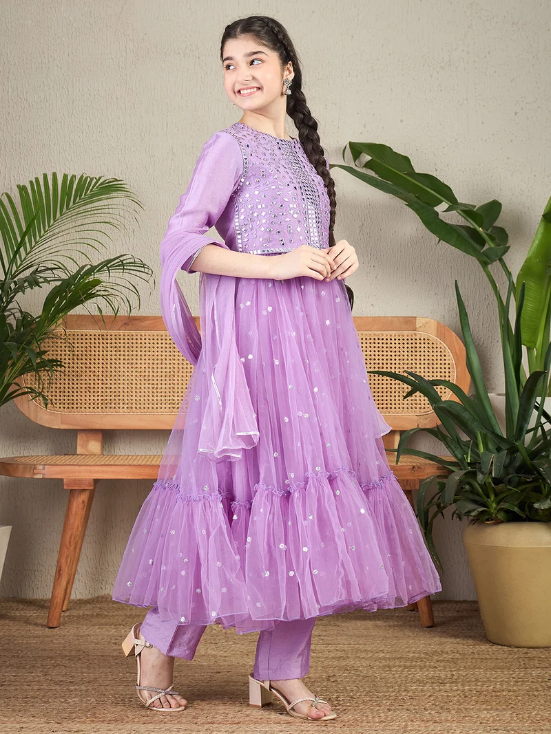 Cherry & Jerry Cherry & Jerry Woven 3/4th Sleeves Embroidered Flared Kurta Sets-Lavender