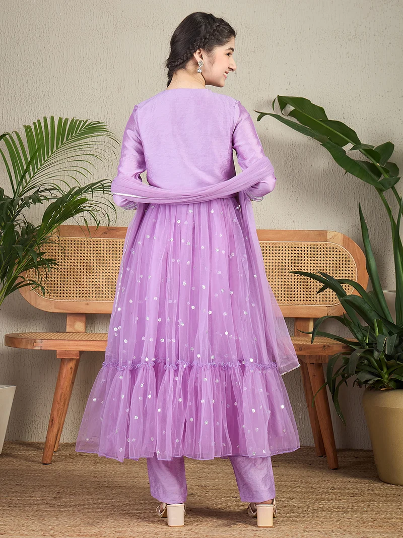 Cherry & Jerry Cherry & Jerry Woven 3/4th Sleeves Embroidered Flared Kurta Sets-Lavender