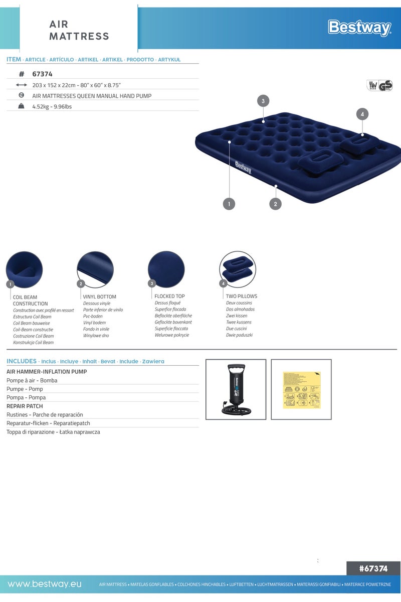 Bestway Bestway Airbed Outdoor Queen Size 203x152x22cm with Accessories | Air Mattress | Inflatable Mattress | Air Bed For Indoor and Outdoor Camping - Image 5