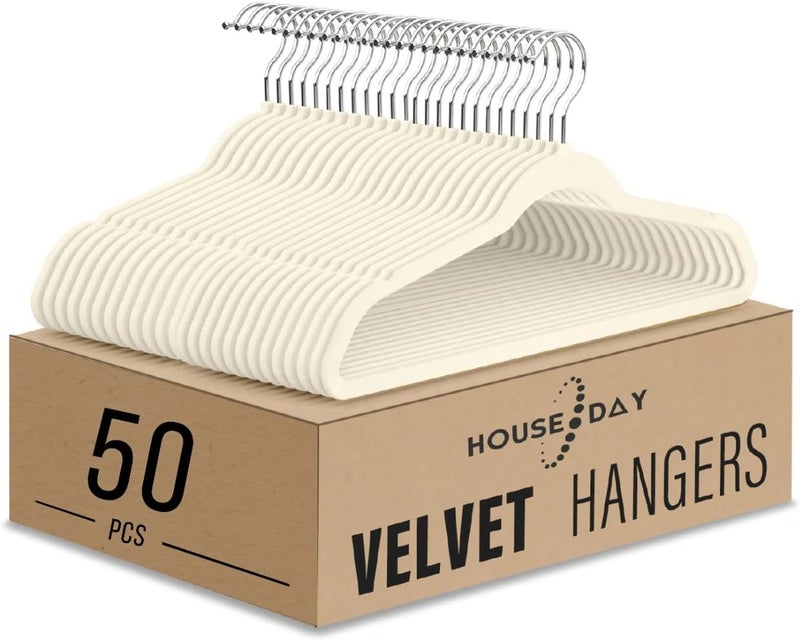 HOUSE DAY 50-Pack Clothes Hangers 44.5cm Velvet Coat Non-Slip Space Saving Adult ... (Ivory) - Image 1