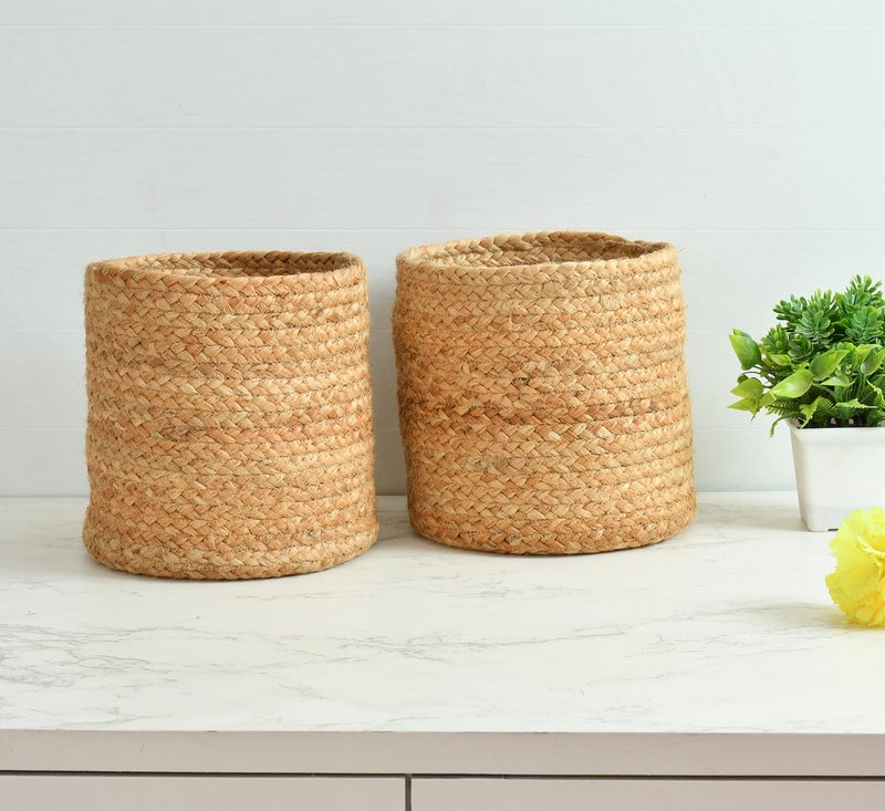 LaVichitra Braided Jute Baskets | Storage Bins Organizer | Laundry, Toys & Planter Basket- Set of 2 (8 Inch) - Image 1