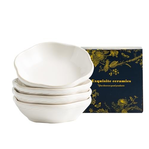 zerokyclan 44Oz KilnChanged Dipping Bowls 43 Inches Ceramic FlowerShaped Soy Sauce Dishes Small AppetizerSide Plates Set of 4 white - Image 1
