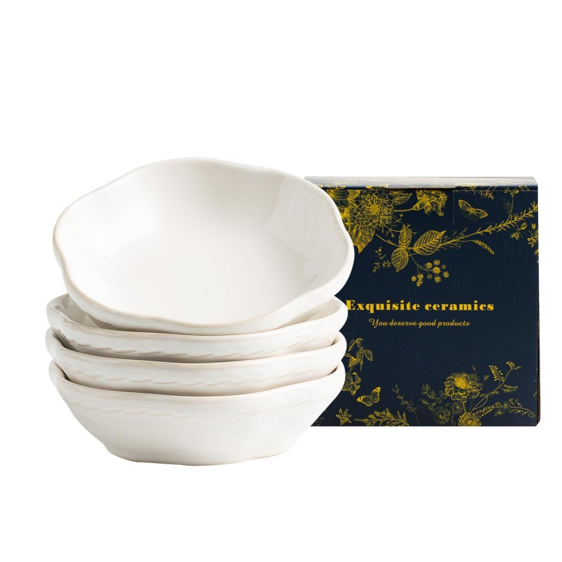 zerokyclan 44Oz KilnChanged Dipping Bowls 43 Inches Ceramic FlowerShaped Soy Sauce Dishes Small AppetizerSide Plates Set of 4 white - Image 2