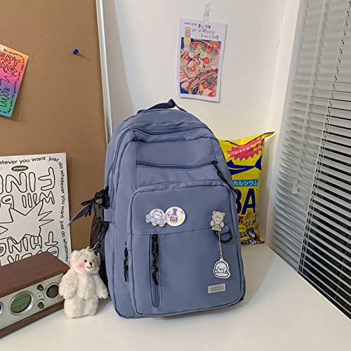 GAXOS Cute Aesthetic Backpack for School Middle Student Travel Blue Backpack Teens Girls Bear Pin Book Bags - Image 2