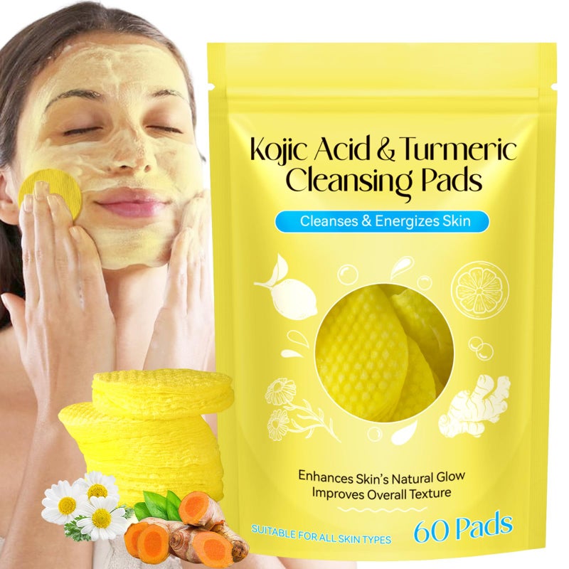 HUALIJIA Turmeric Kojic Acid Cleansing Pads, 60 Count Turmeric and Kojic Acid Pads, Mild and Non-irritating, Suit for All Skin Types - Image 1