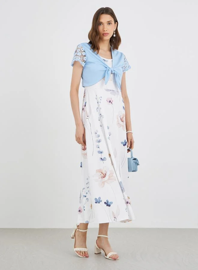 Take Two Take Two Women Floral Print Maxi Dress and Tie Front Lace Sleeve Top Set