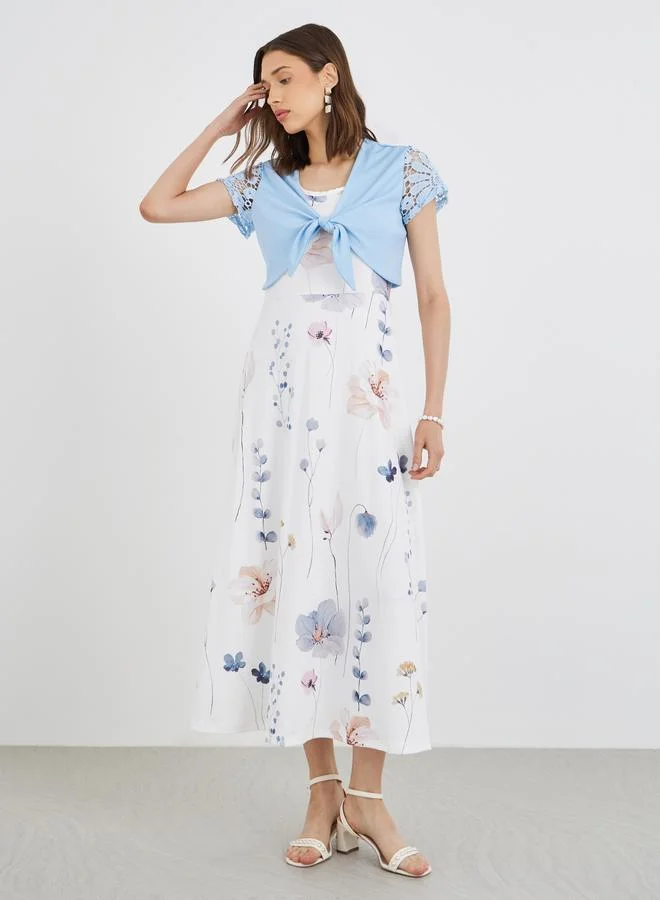 Take Two Take Two Women Floral Print Maxi Dress and Tie Front Lace Sleeve Top Set