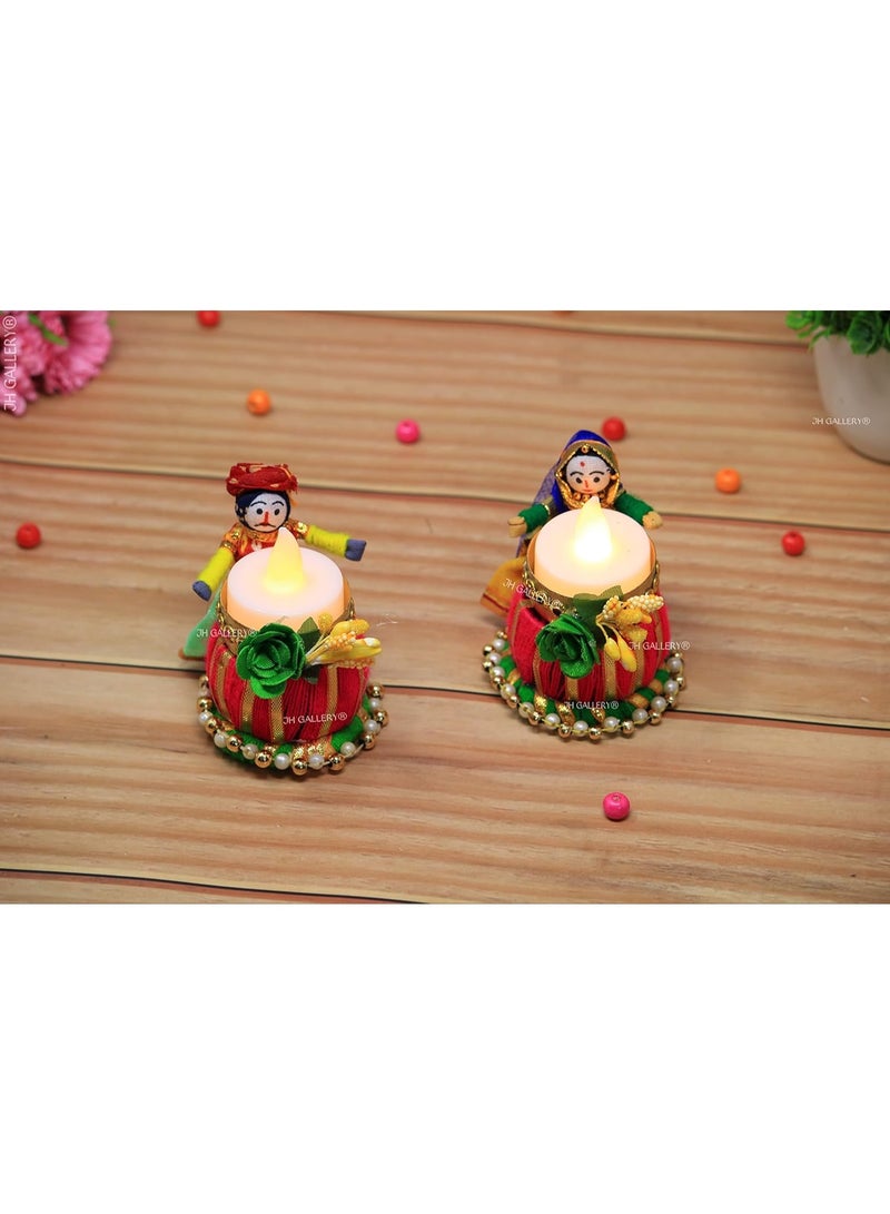 JH Gallery Recycled Material Rajasthani Raja Rani Puppet Dolls Tealight Candle Holder for Home Decor, Home Decoration Items for Living Room, Diwali Decoration Items for Home (Pack of 2) - Image 1