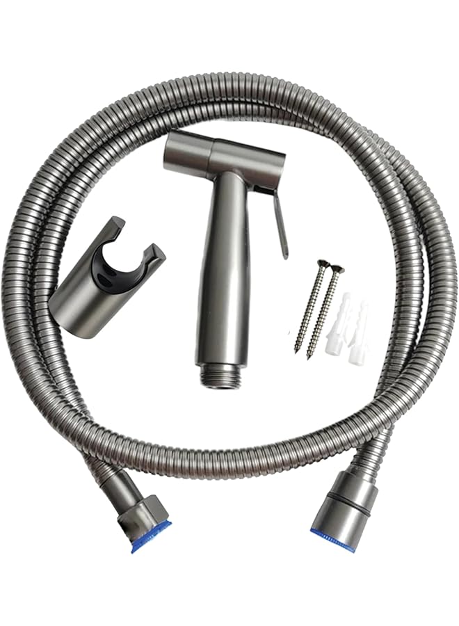 The Bros مجموعة رشاش بيديت محمولة بلون رمادي معدني فخم - خرطوم من الفولاذ المقاوم للصدأ بطول 47 بوصة، شطاف مثبت على الحائط للمرحاض، النظافة الشخصية وغسل حفاضات الأطفال - مقاوم للتسرب وسهل التركيب
