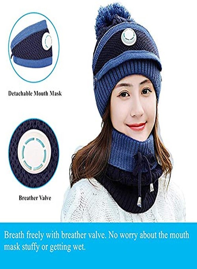 Zeki Women's & Girl's 3PCS/Set Winter Warm Knitted Pompom Beanie Hat and Neckwarmer Set Face Mask with Breather Valve (Navy Blue) - Image 3