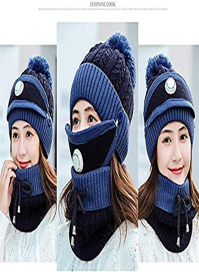 Zeki Women's & Girl's 3PCS/Set Winter Warm Knitted Pompom Beanie Hat and Neckwarmer Set Face Mask with Breather Valve (Navy Blue) - Image 5