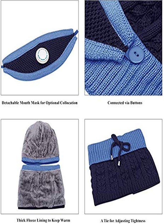 Zeki Women's & Girl's 3PCS/Set Winter Warm Knitted Pompom Beanie Hat and Neckwarmer Set Face Mask with Breather Valve (Navy Blue) - Image 4