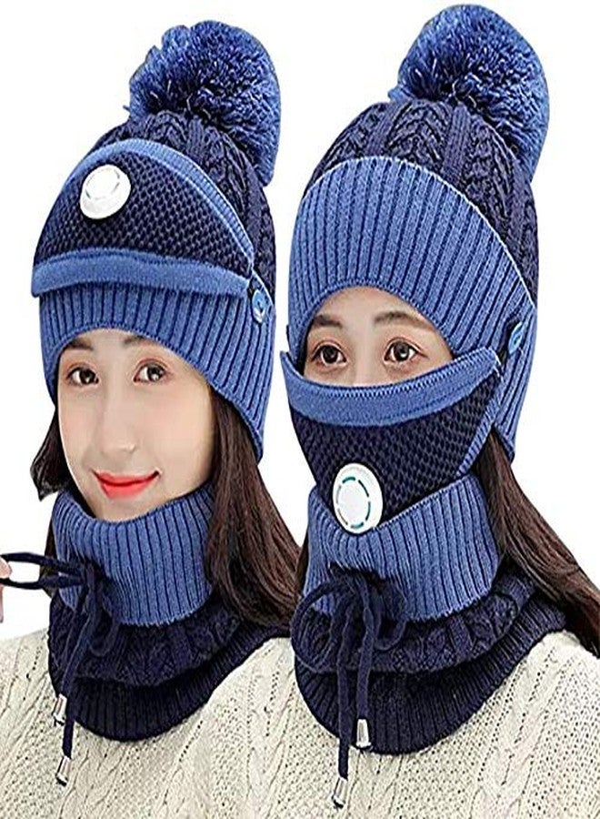 Zeki Women's & Girl's 3PCS/Set Winter Warm Knitted Pompom Beanie Hat and Neckwarmer Set Face Mask with Breather Valve (Navy Blue) - Image 1