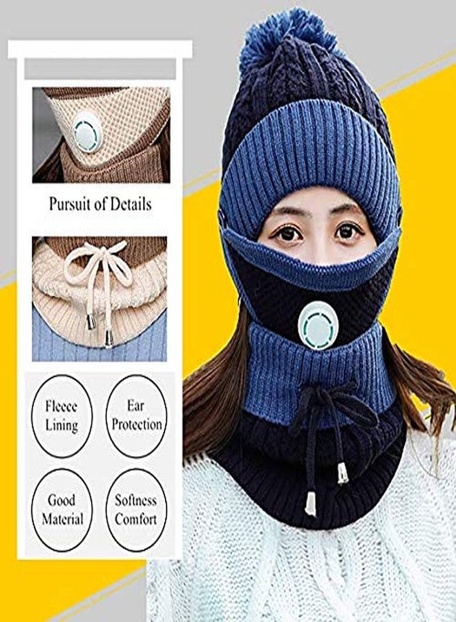 Zeki Women's & Girl's 3PCS/Set Winter Warm Knitted Pompom Beanie Hat and Neckwarmer Set Face Mask with Breather Valve (Navy Blue) - Image 2
