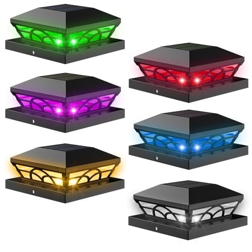 T-SUN TSUN Solar Post Cap Lights 6 Pack Outdoor Waterproof RGB Color Changing Light for 35x35 4x4 5x5 55x55 WoodVinyl Fence Posts Solar Deck Lights for Patio Garden Porch - Image 1