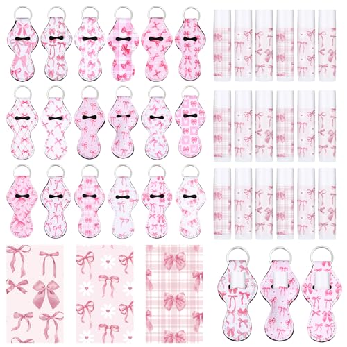 Dimsile 18 Set Pink Mini Lip Balm for Women Girl Coquette Gift Bulk with Bow Lipstick Holder Keychain Cute Bow Lips Balm Gift Coquette Party Favor Lip Care for Birthday Bachelorette Wedding - Image 1