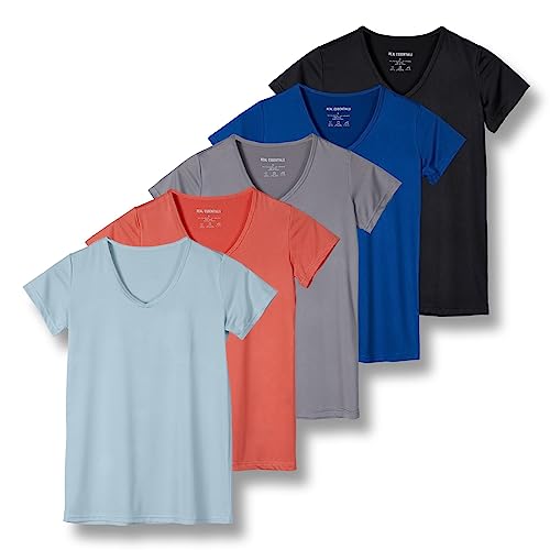 REALESSENTIALS Real Essentials 5 Pack: Women's Dry Fit Short Sleeve V Neck Workout Top - Fitness Pilates Gym Athletic Yoga T-Shirt (Plus Available), Set 10, L - Image 1