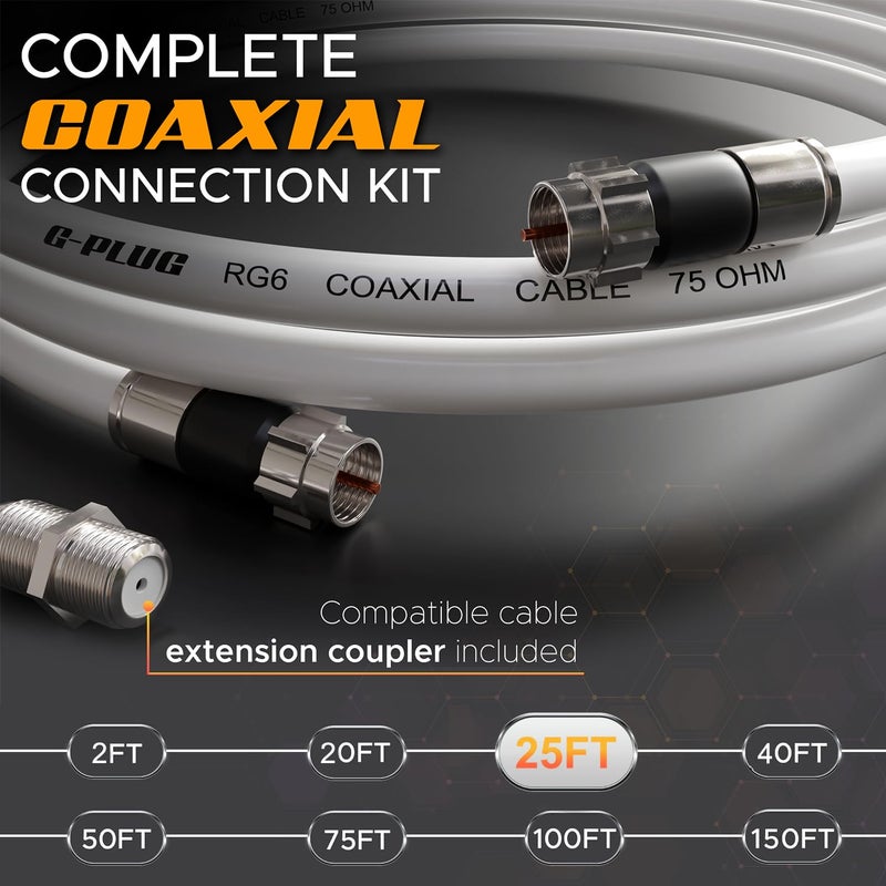 G-PLUG 25FT RG6 Coaxial Cable Connectors Set - High-Speed Internet, Broadband and Digital TV Aerial, Satellite Sky Cable Extension- Weather-Sealed Double Rubber O-Ring and Compression Connectors White - Image 2
