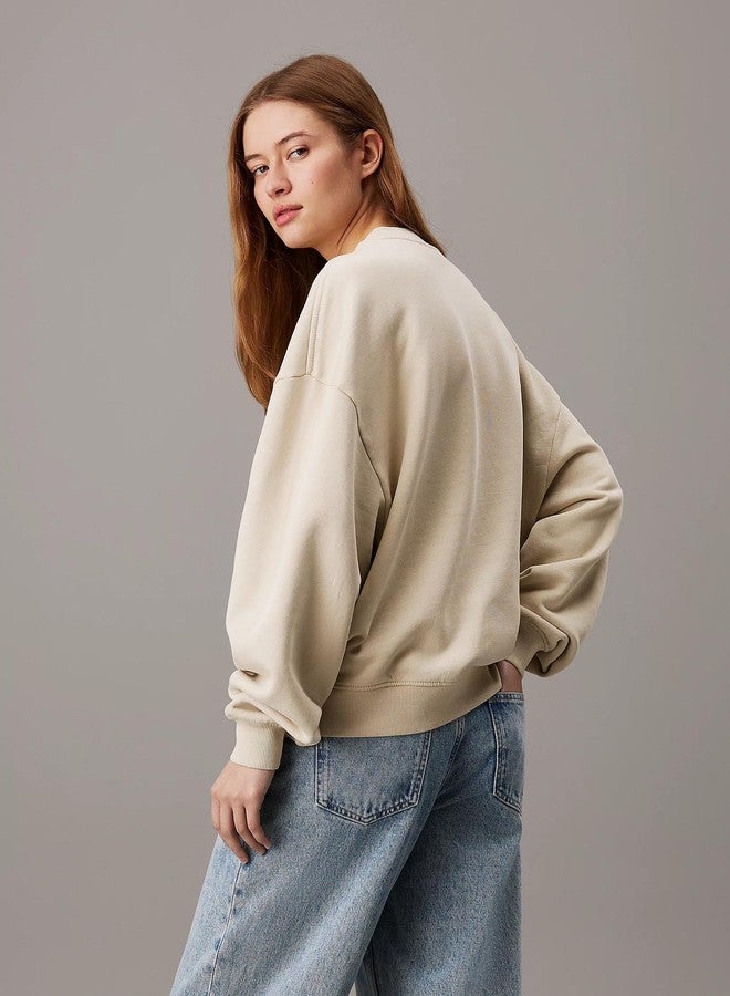 KOTTY Women's Fleece Sweatshirt Solid Pattern with Classic Round Neck(Beige,M) - Image 3