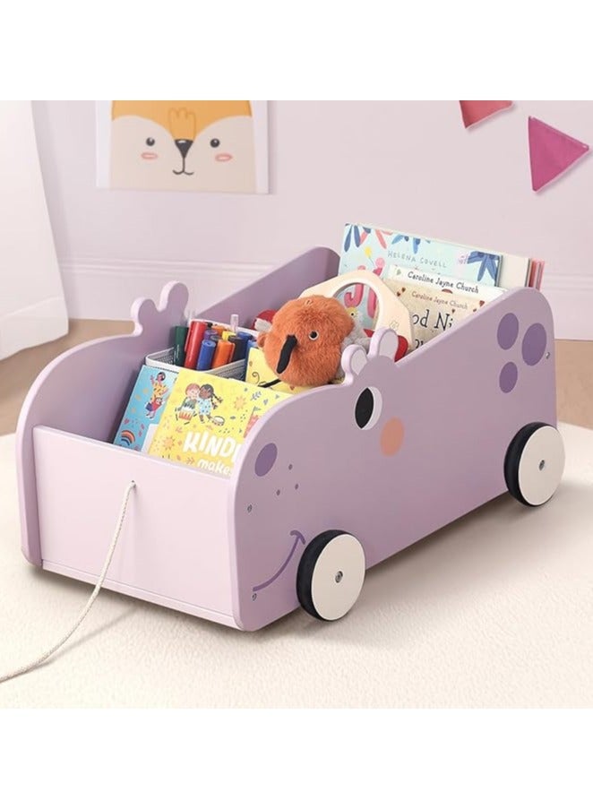 توكي توي عربة تخزين كتب خشبية على شكل فرس النهر مع حبل سحب - Image 1