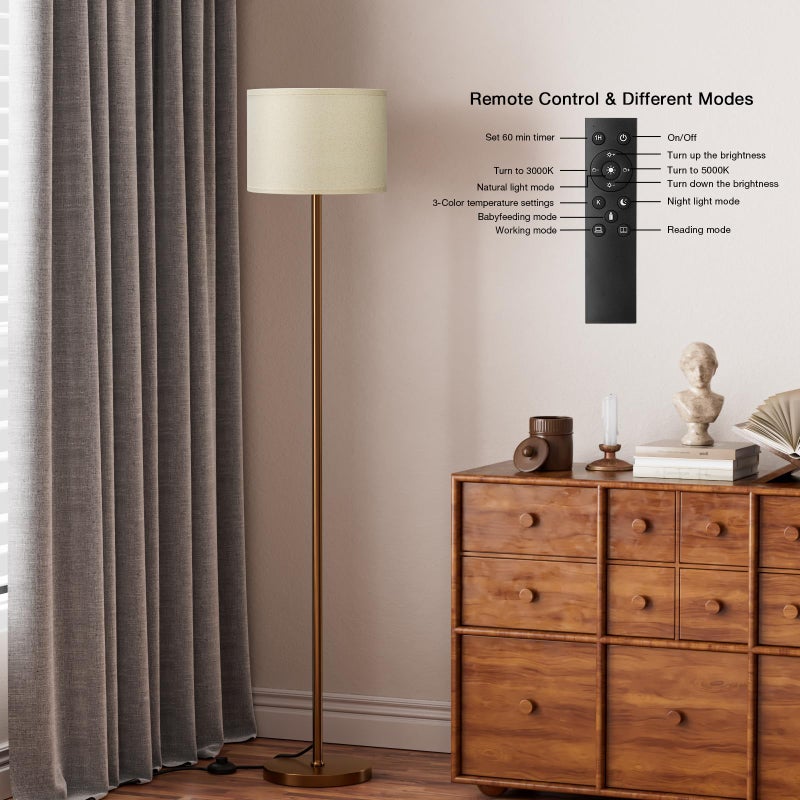 Ambimall Floor Lamps for Living Room with Remote Control and Stepless Dimmable Colors Temperature & Brightness, 9W Bulb Included(Beige Lampshade & Brown Pole) - Image 4