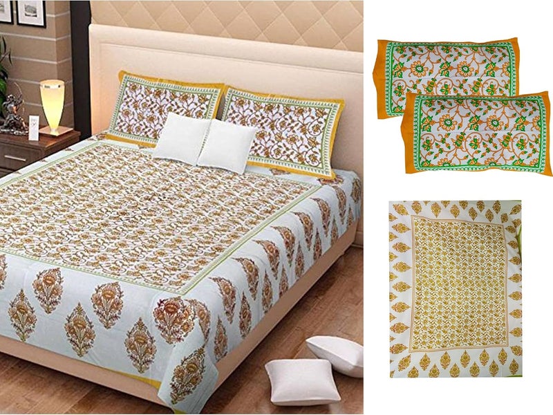 ART WORLD Queen Size Double Bed Sheet with Pillow Covers Pure Cotton Rajasthani Jaipuri Traditional Printed Bedcover Yellow Queen - Image 4