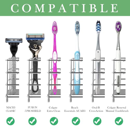 Linkidea Wall Mount Toothbrush Holder for Bathroom, Stainless Steel Stand for Electric Toothbrush, Toothpaste, Razor, Self Adhesive/Countertop 5 Slots Organizer (Chrome) - Image 2