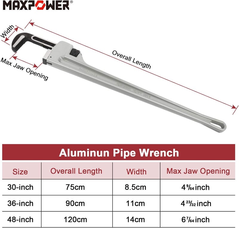Max Power 30-inch Pipe Wrench, Aluminum Straight Plumbing Wrench Heavy Duty Adjustable Pipe Wrench - Image 4
