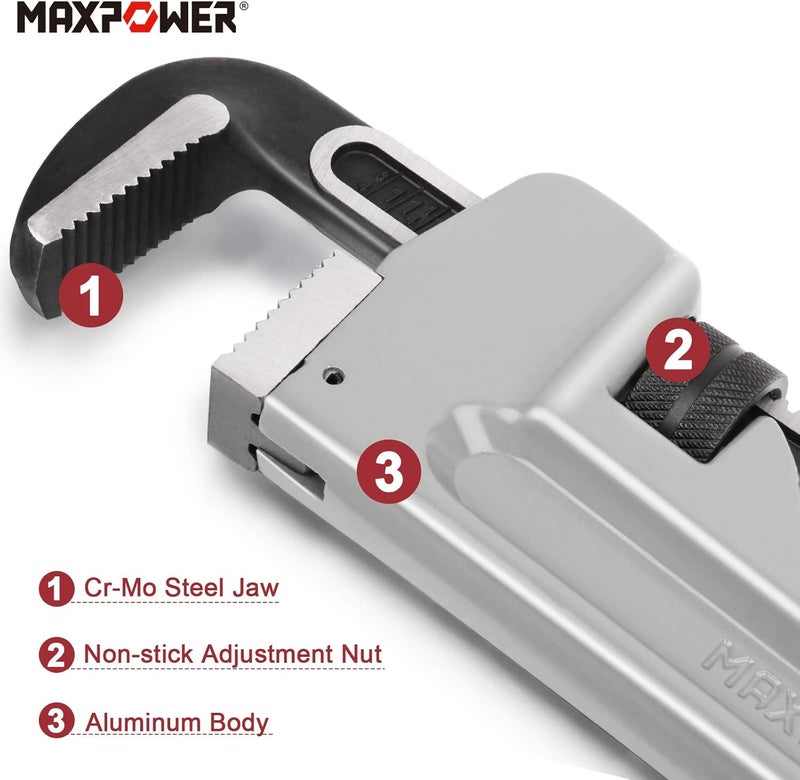 Max Power 30-inch Pipe Wrench, Aluminum Straight Plumbing Wrench Heavy Duty Adjustable Pipe Wrench - Image 2