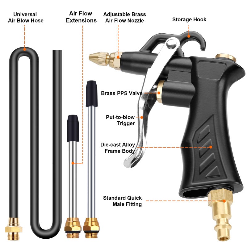 JASTIND Brass Industrial Air Blower with Adjustable Nozzle, Universal Blow Hose & Steel Extensions - Air Compressor Dusting Tool - Image 2