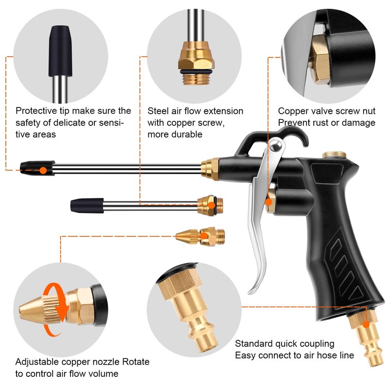 JASTIND Brass Industrial Air Blower with Adjustable Nozzle, Universal Blow Hose & Steel Extensions - Air Compressor Dusting Tool - Image 4