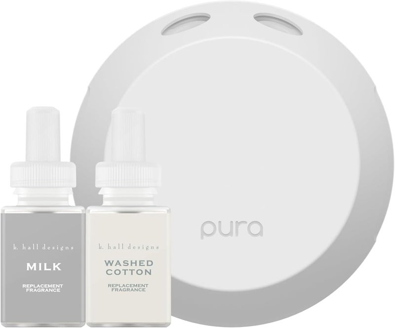 Pura Smart Home Fragrance Device Starter Set - Pura 4 - Scent Diffuser for Home - Includes Fragrance Aroma Diffuser - Square Box, Milk and Washed Cotton Scent Refills