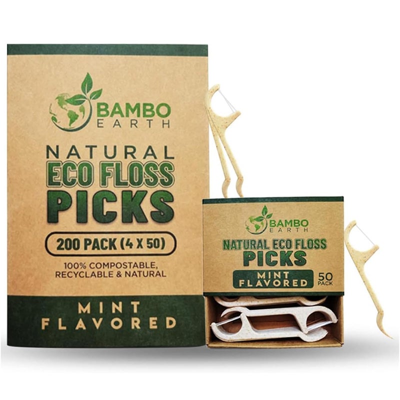 BAMBOEARTH Natural Dental Floss Picks - Eco Friendly Cruelty Free & Vegan Tooth Flossers Pick Set with BPA Free Handle & Zero Waste Packaging - 200 Pack (Mint Flavored) - Image 1