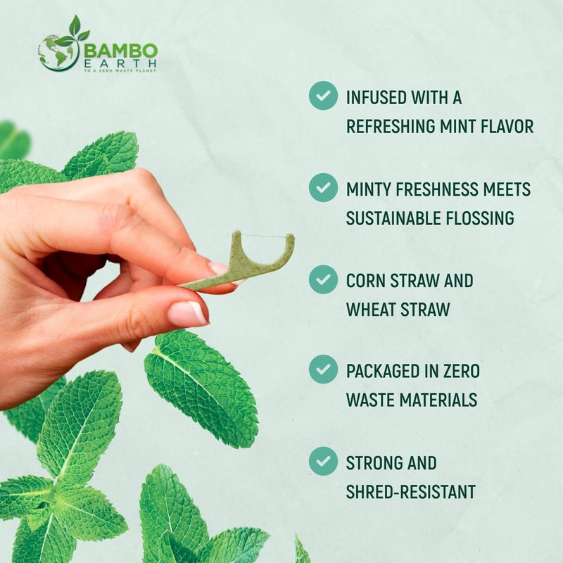 BAMBOEARTH Natural Dental Floss Picks - Eco Friendly Cruelty Free & Vegan Tooth Flossers Pick Set with BPA Free Handle & Zero Waste Packaging - 200 Pack (Mint Flavored) - Image 2
