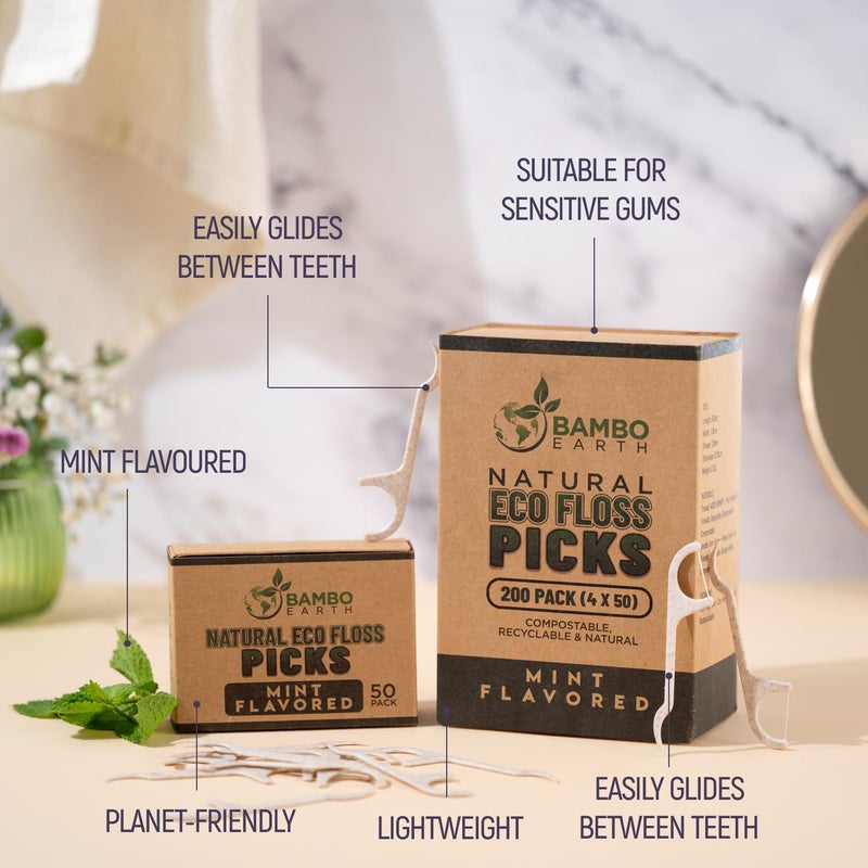 BAMBOEARTH Natural Dental Floss Picks - Eco Friendly Cruelty Free & Vegan Tooth Flossers Pick Set with BPA Free Handle & Zero Waste Packaging - 200 Pack (Mint Flavored) - Image 3