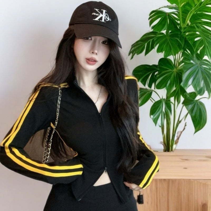 [Shop selling] American-style sweet and spicy striped long-sleeved T-shirt womens spring and autumn hot girls short double zipper top sunscreen [black top-high quality qwe]