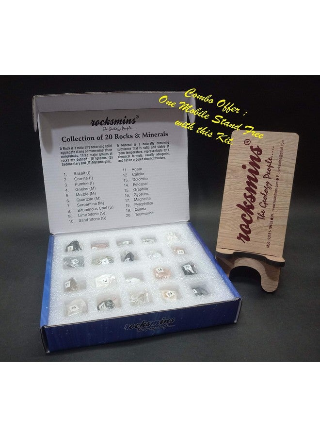 Rocksmins RM20PTMS Set of 20 Rocks and Minerals Kits Sets Collections + Free Mobile Stand Rock Mineral Collection (RM20PTMS) - Image 1