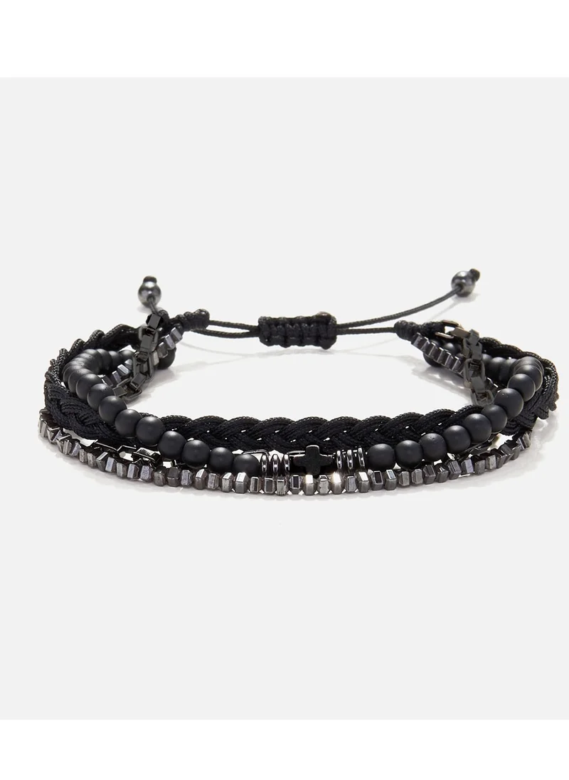 كريسوستوموس Handmade Adjustable Beaded Multi-Line Bracelet with Onyx, Grommet, Polygonal Hematite, Steel Chain, Braided Cord & Black Cross