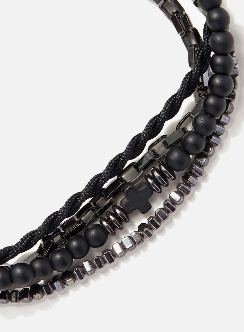 CHRYSOSTOMOS Handmade Adjustable Beaded Multi-Line Bracelet with Onyx, Grommet, Polygonal Hematite, Steel Chain, Braided Cord and Black Cross - Image 2