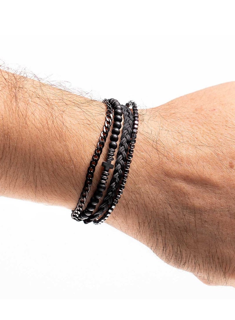 CHRYSOSTOMOS Handmade Adjustable Beaded Multi-Line Bracelet with Onyx, Grommet, Polygonal Hematite, Steel Chain, Braided Cord and Black Cross - Image 3